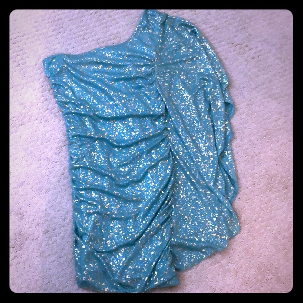 One shoulder Aqua and Gold dress. STUNNING